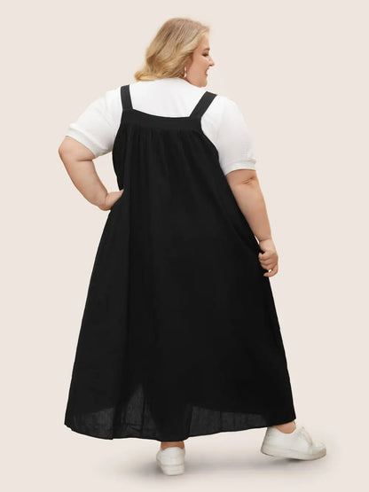 Cotton Solid Adjustable Straps Pocket Midi Dress