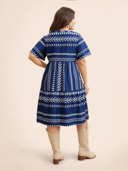 Bandana Geometric Ruffle Sleeve Babydoll Dress