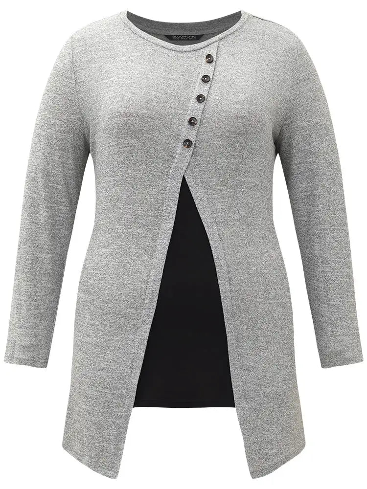 Contrast Patchwork Crew Neck Button Detail T-Shirt
