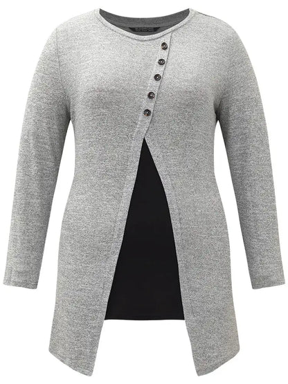 Contrast Patchwork Crew Neck Button Detail T-Shirt