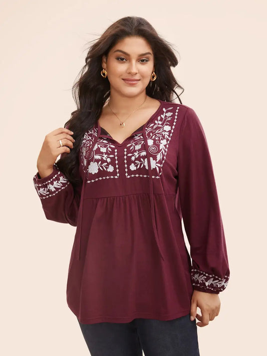 Floral Embroidered Knot Neck Lantern Sleeve T-Shirt