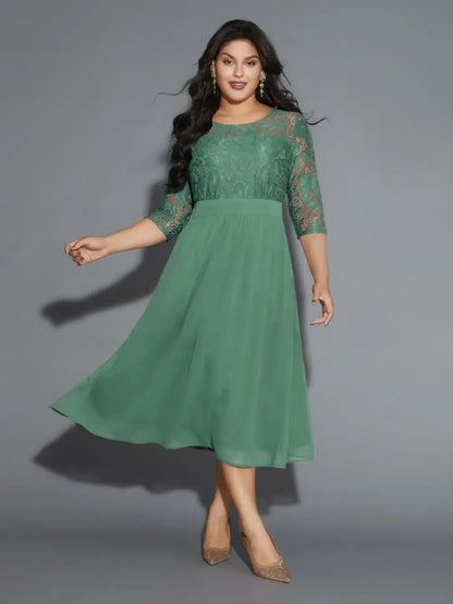 Lace Patchwork Shirred Midi Pocket Dress