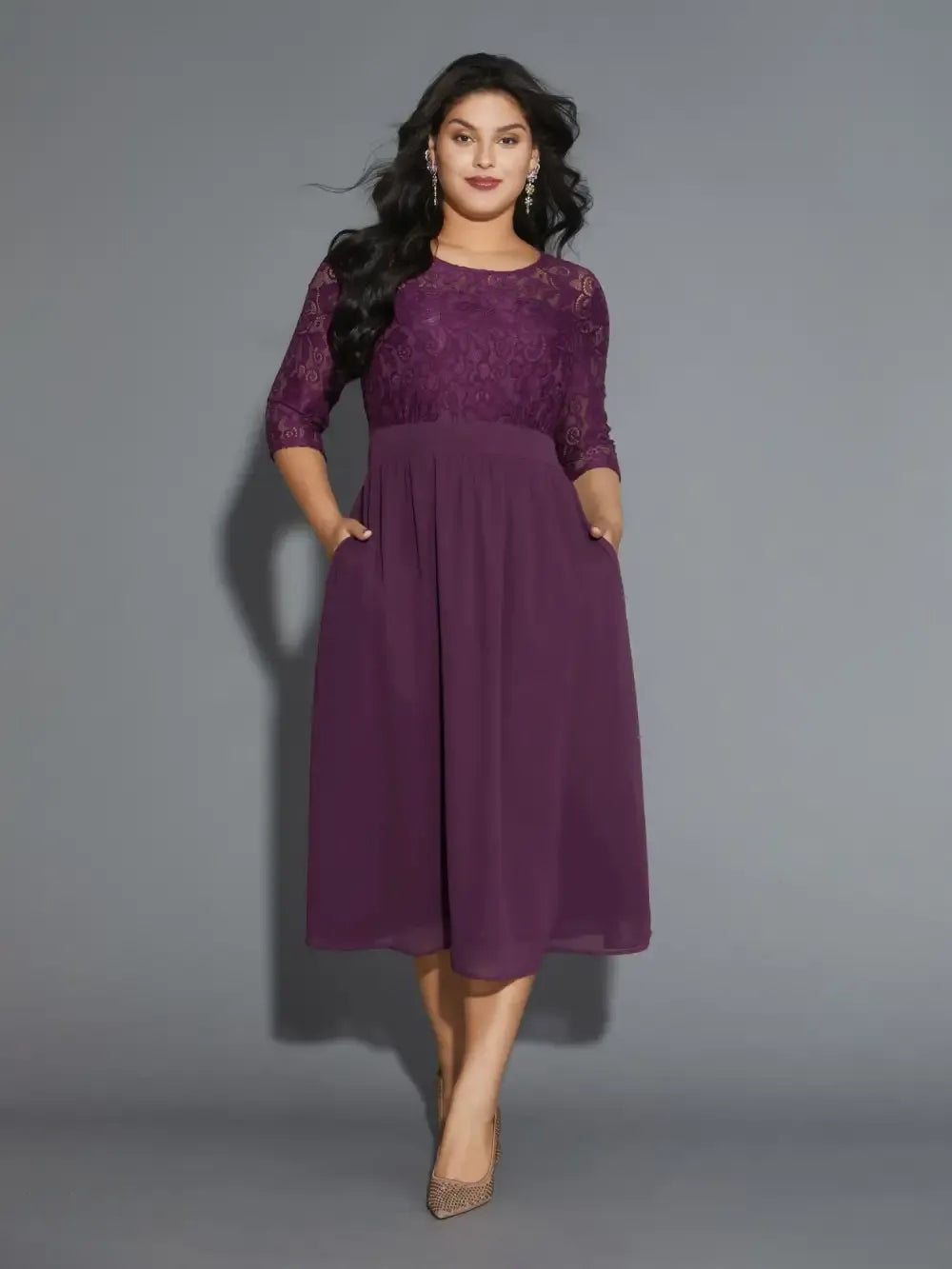 Lace Patchwork Shirred Midi Pocket Dress