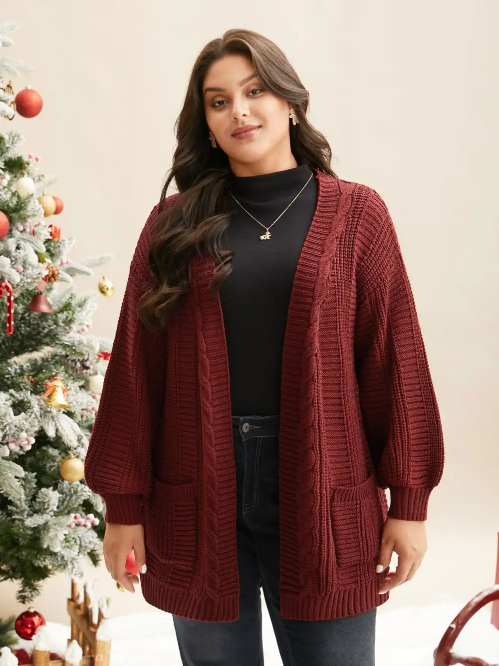 Cable Knit Ribbed Detailing Open Front Cardigan