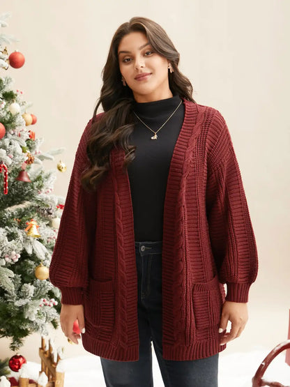 Cable Knit Ribbed Detailing Open Front Cardigan
