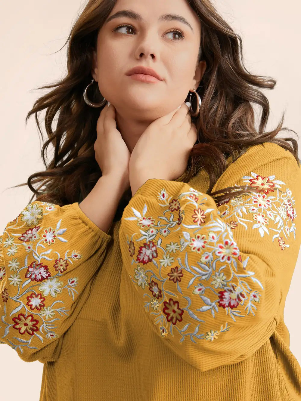 Waffle Knit Floral Embroidered Lantern Sleeve T-Shirt