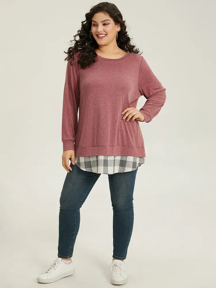 Heather Plaid Patchwork Crew Neck T-Shirt