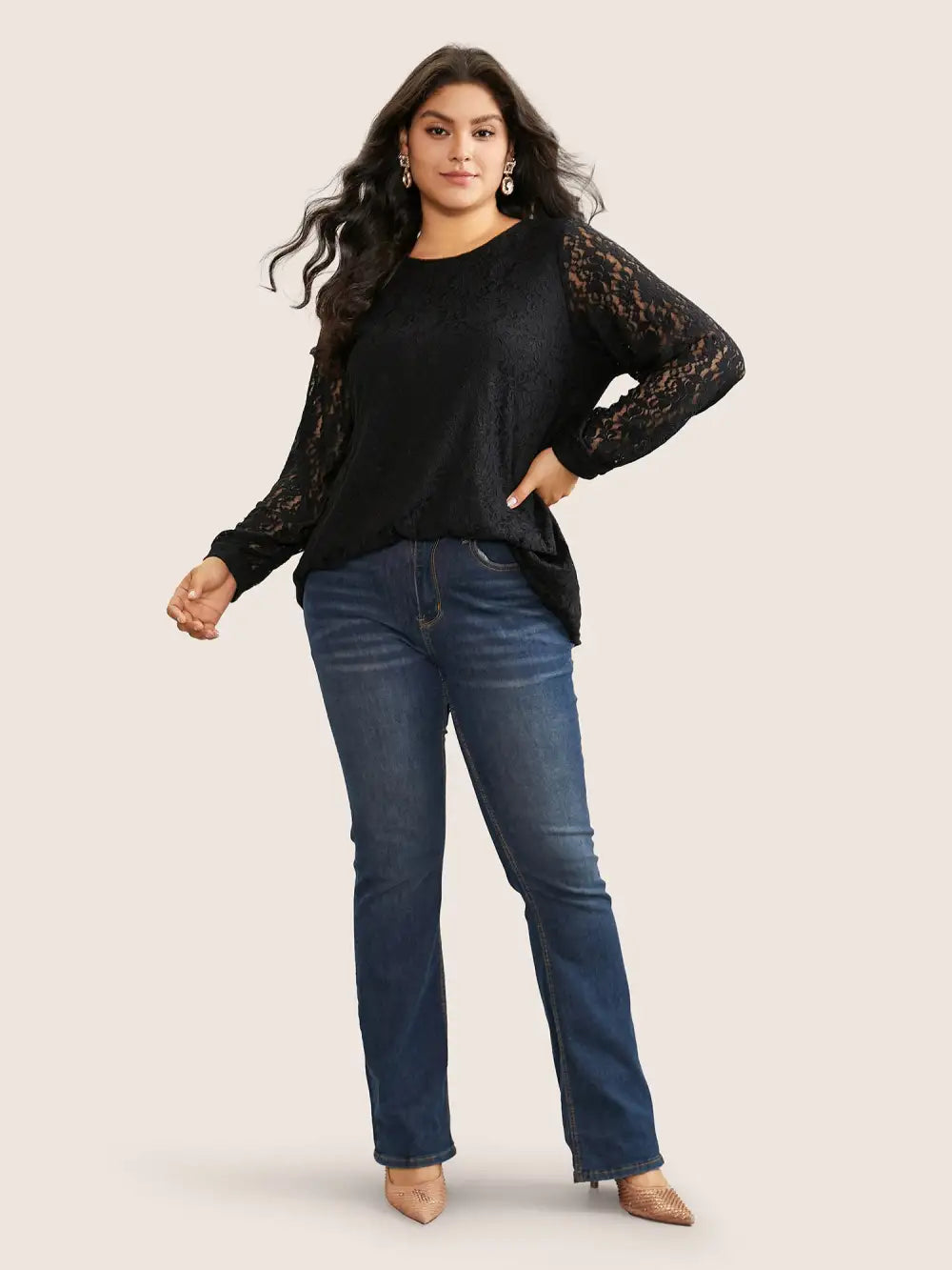Solid Crochet Lace Mesh Crew Neck Blouse