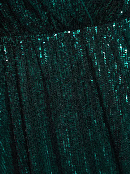 Solid Pocket Lantern Sleeve Wrap Sequin Dress