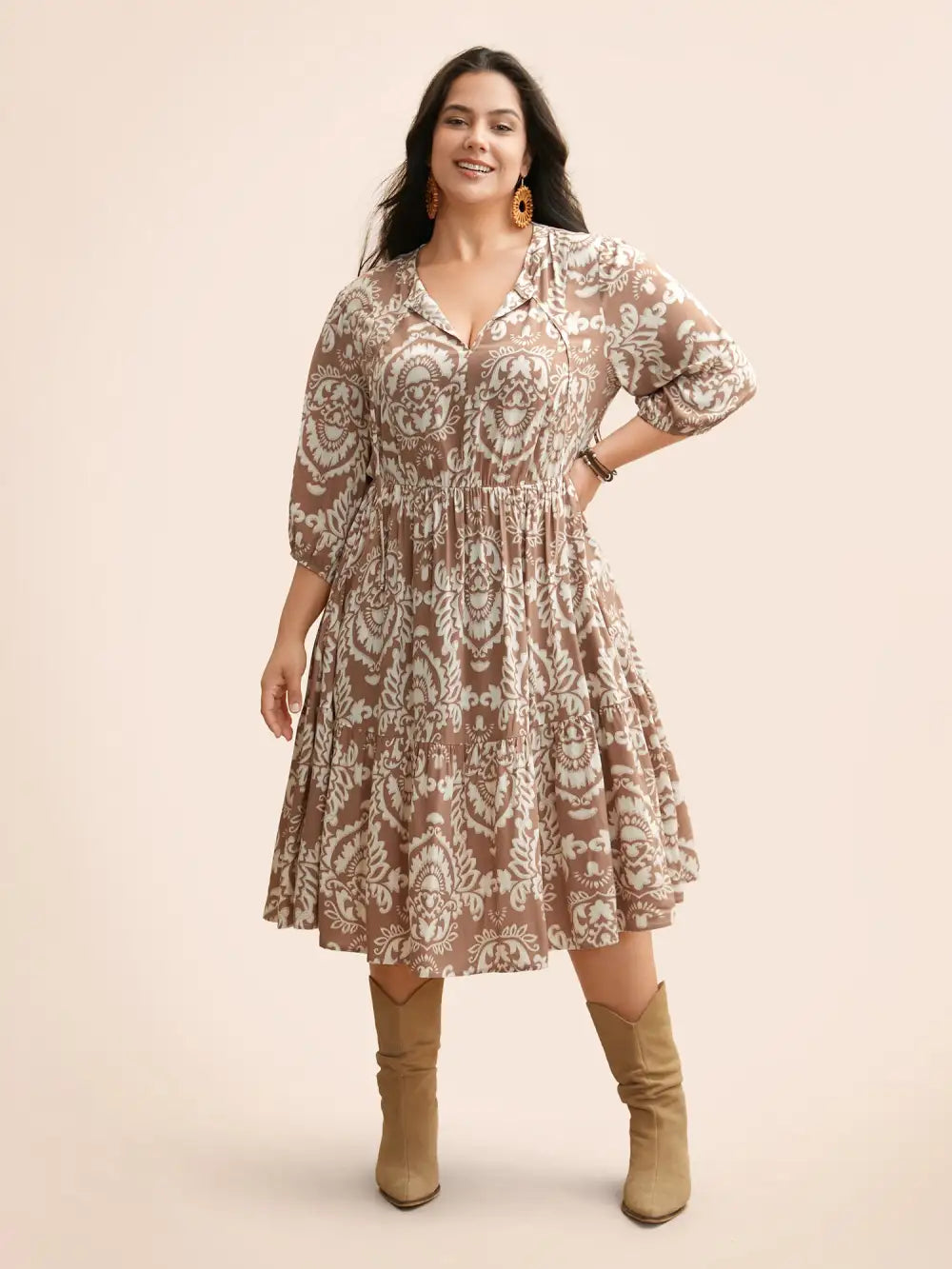 Boho Print Tie Knot Puff Sleeve Dress