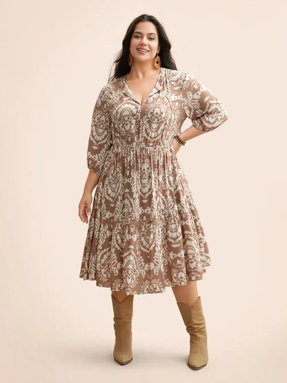 Boho Print Tie Knot Puff Sleeve Dress