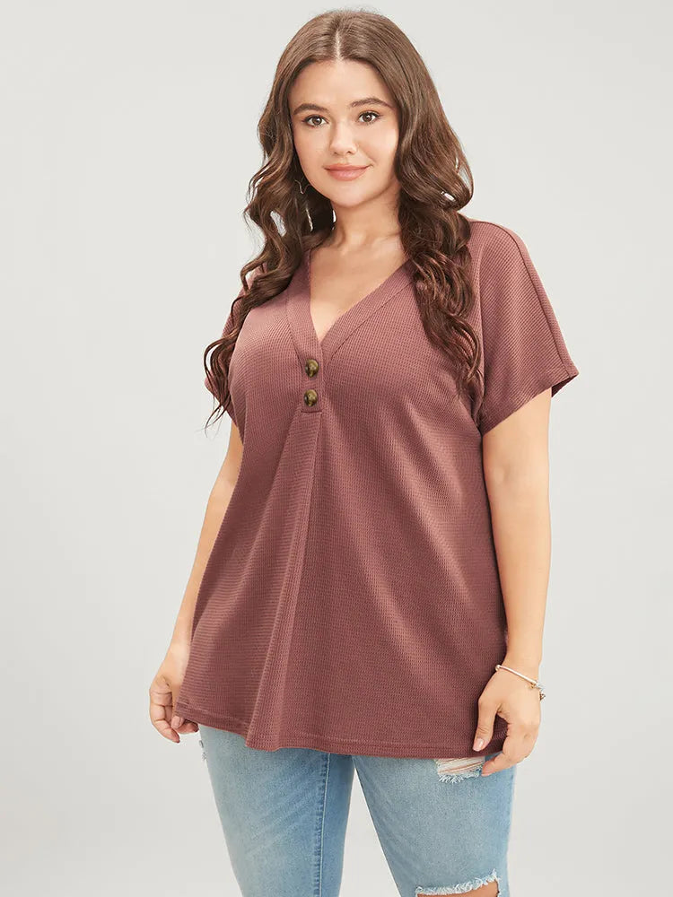 Solid Dolman Sleeve Button Detail Waffle Knit T-shirt