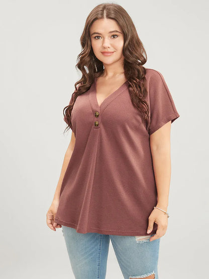 Solid Dolman Sleeve Button Detail Waffle Knit T-shirt