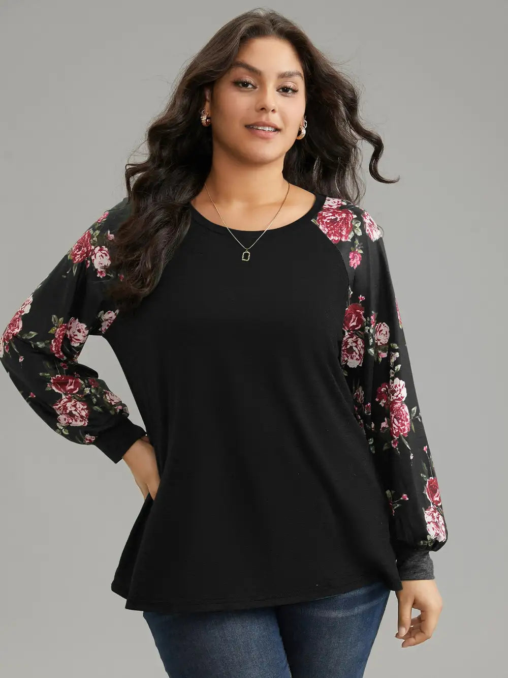 Floral Patchwork Crew Neck Raglan Sleeve T-Shirt