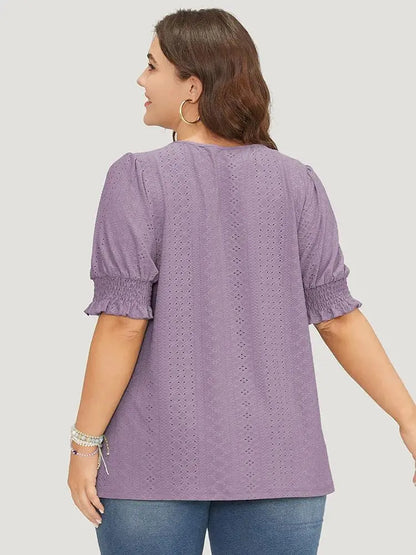 Plain Broderie Anglaise Shirred Puff Sleeve Button Detail T-shirt
