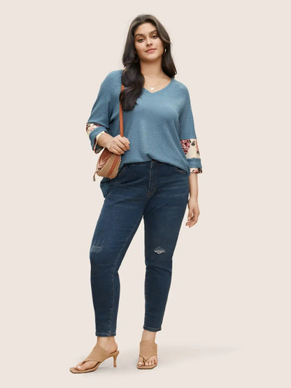 Textured Patchwork Floral Raglan Sleeve T-Shirt
