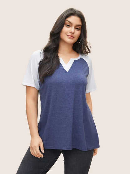 Colorblock Contrast Notched Raglan Sleeve T-Shirt