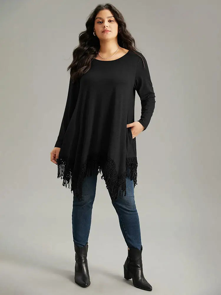 Solid Tassels Trim Pocket Asymmetrical Hem T-Shirt