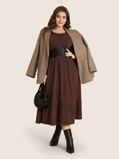 Solid Pocket Rib Knit Ruffle Hem Dress Without Belt