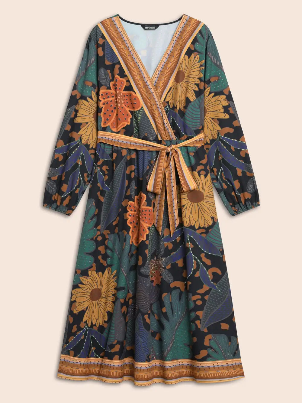 Boho Print Belted Lantern Sleeve Dress