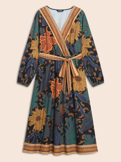 Boho Print Belted Lantern Sleeve Dress