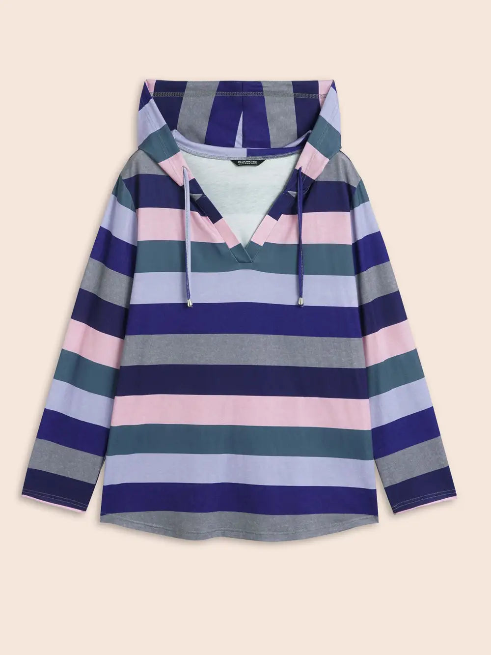 Contrast Striped Hooded Drawstring T-Shirt