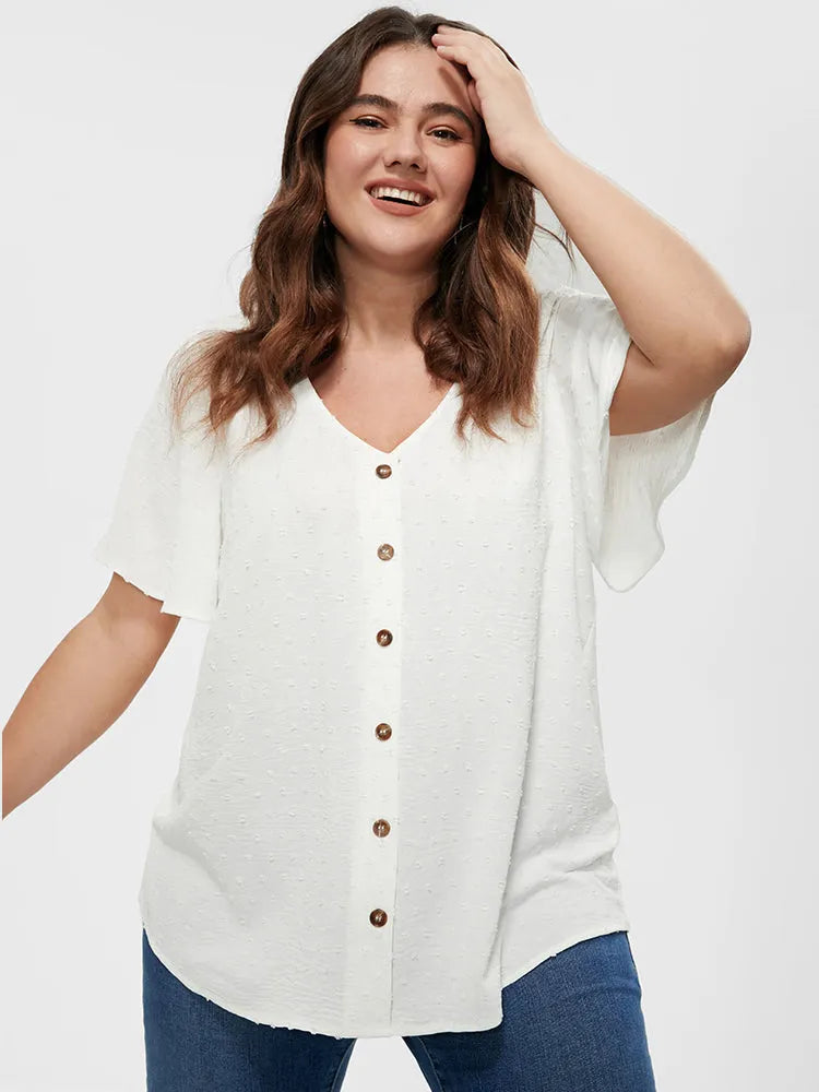 Solid Button V Neck Ruffles Blouse
