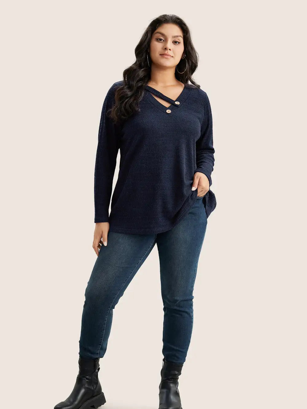 Solid Rib Knit Button Detail T-Shirt