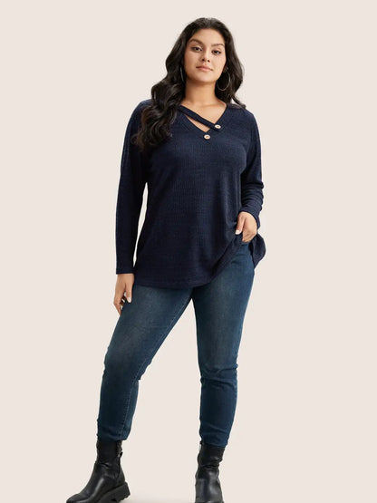 Solid Rib Knit Button Detail T-Shirt