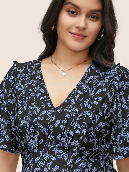Floral Pleated Elastic Waist Ruffle Sleeve Blouse