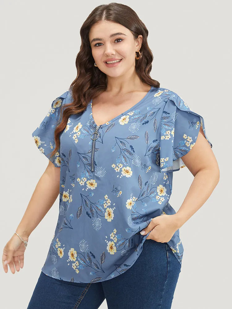 Floral O Ring Zipper Split Petal Sleeve Blouse