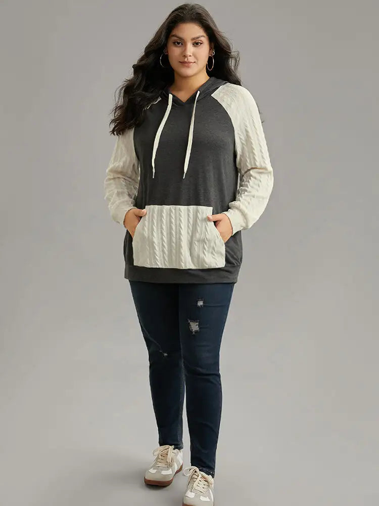 Contrast Cable Knit Pocket Hooded Drawstring Sweatshirt