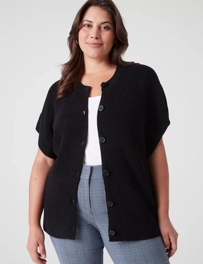 Short-Sleeve Button-Front Rib Cardigan