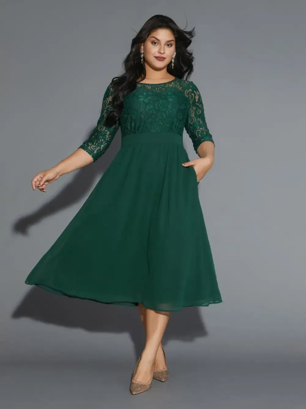 Lace Patchwork Shirred Midi Pocket Dress