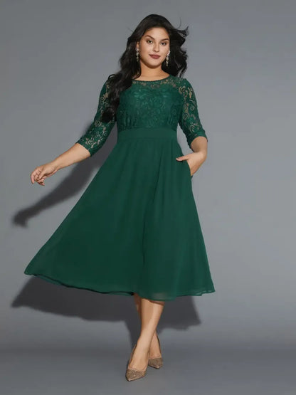 Lace Patchwork Shirred Midi Pocket Dress