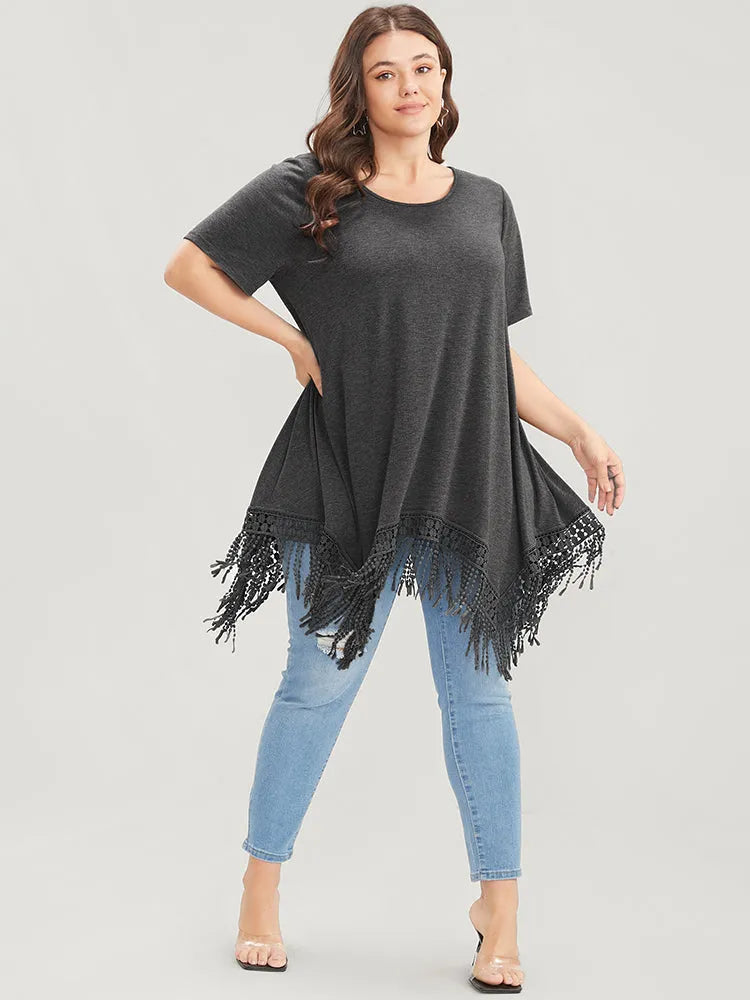 Solid Round Neck Lace Fringe Hem T-shirt