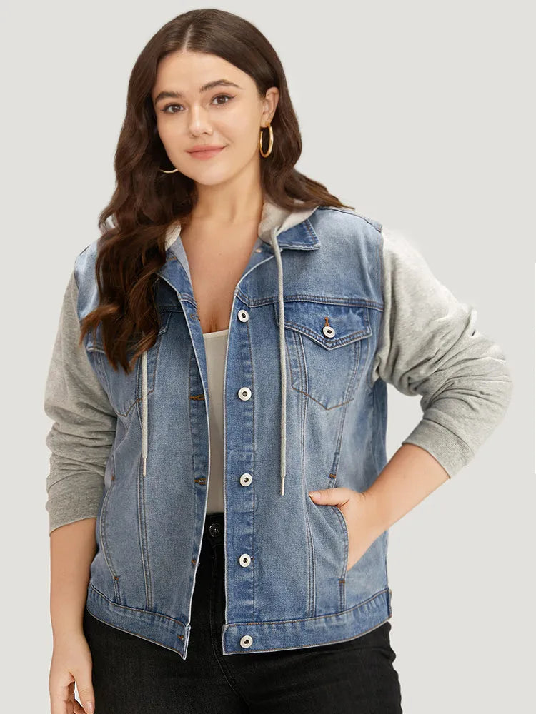 Hooded Patchwork Flap Pocket Denim Jacket