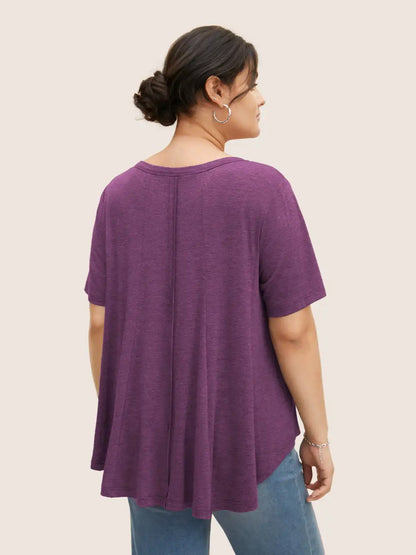 Solid Heather V Neck Curved Hem T-Shirt