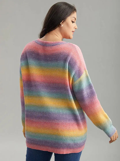 Rainbow Ombre V Neck Loose Pullover