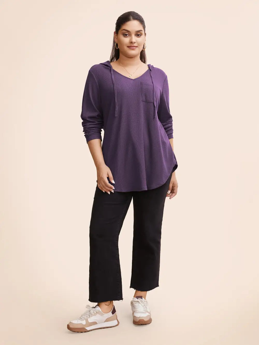Waffle Knit Pocket Hooded Drawstring Arc Hem T-Shirt