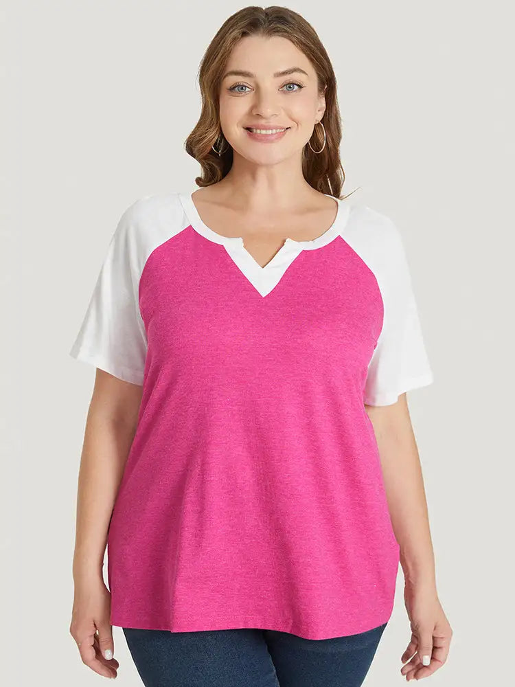 Colorblock Contrast Notched Raglan Sleeve T-shirt