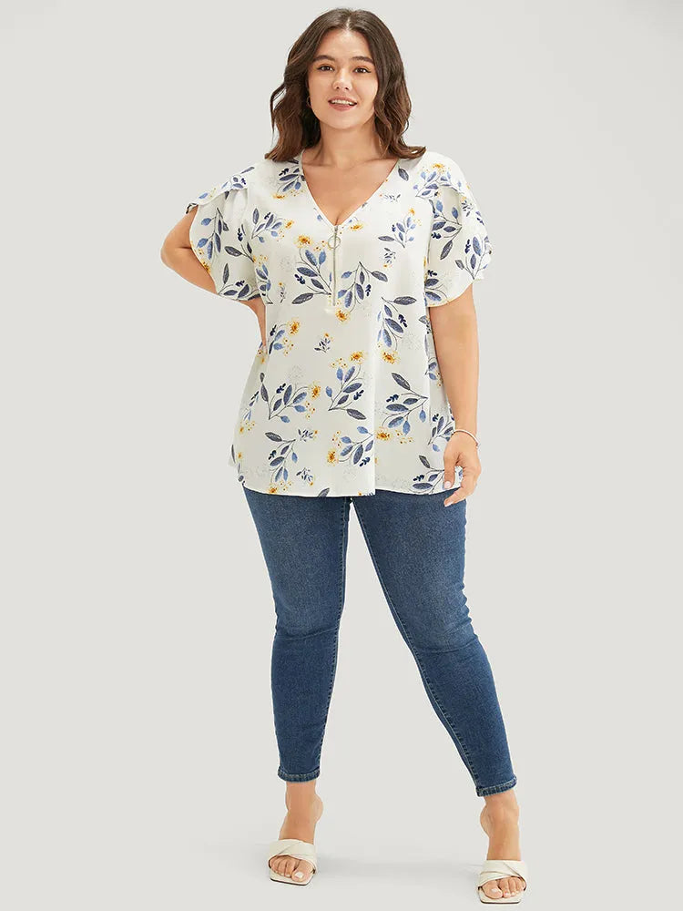 Floral O Ring Zipper Split Petal Sleeve Blouse