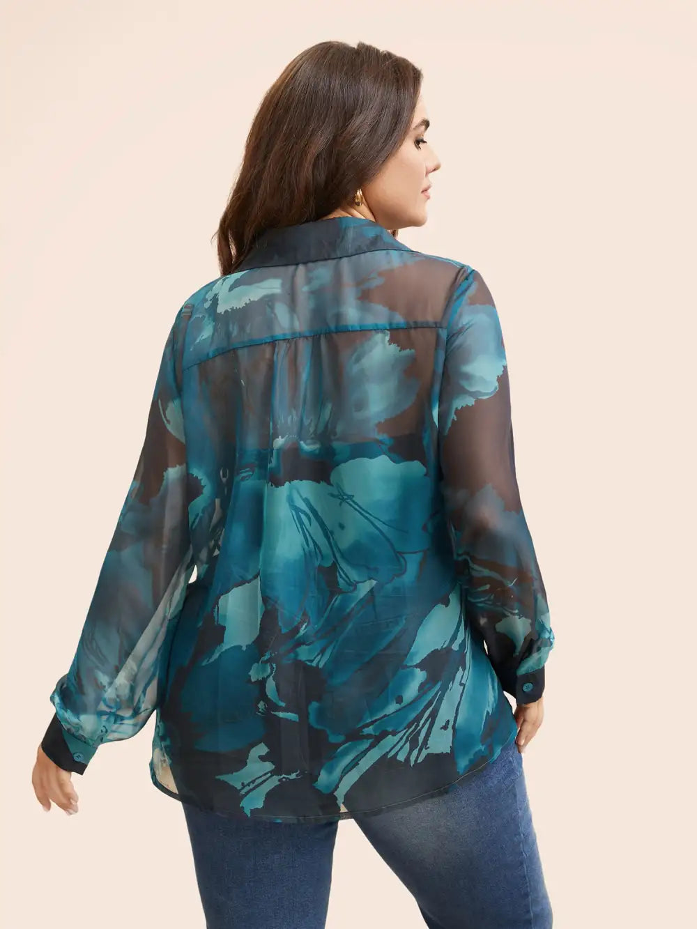 Watercolor Floral Mesh Shirt Collar Blouse
