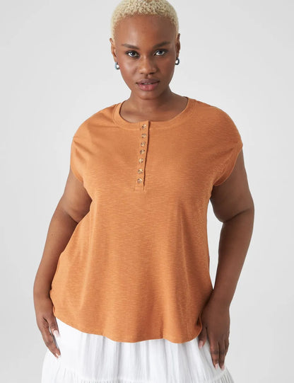 Cap-Sleeve Crew-Neck Henley Tee