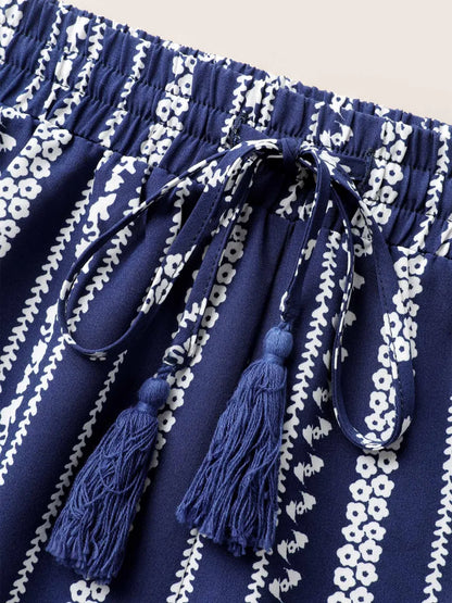 Bandana Striped Tassel Drawstring Wide Leg Pants