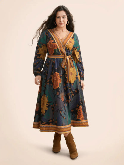 Boho Print Belted Lantern Sleeve Dress