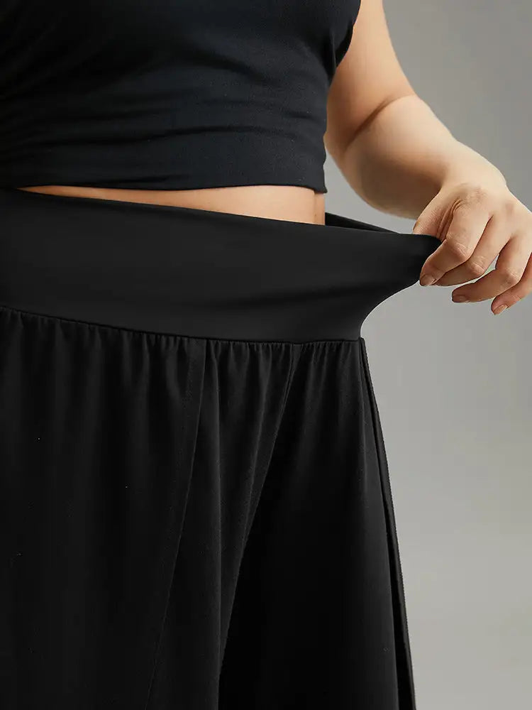 Plain Wrap Hem Wideband Waist Wide Leg Pants