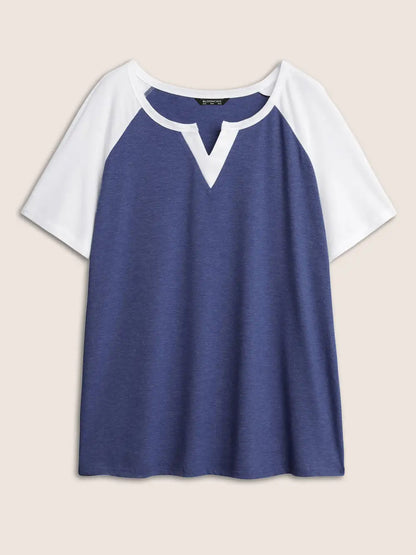 Colorblock Contrast Notched Raglan Sleeve T-Shirt