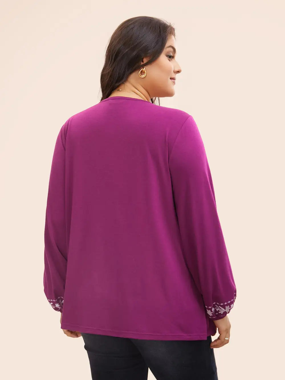 Floral Embroidered Knot Neck Lantern Sleeve T-Shirt