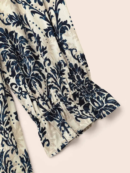 Boho Print Frill Trim Slit Hem Blouse